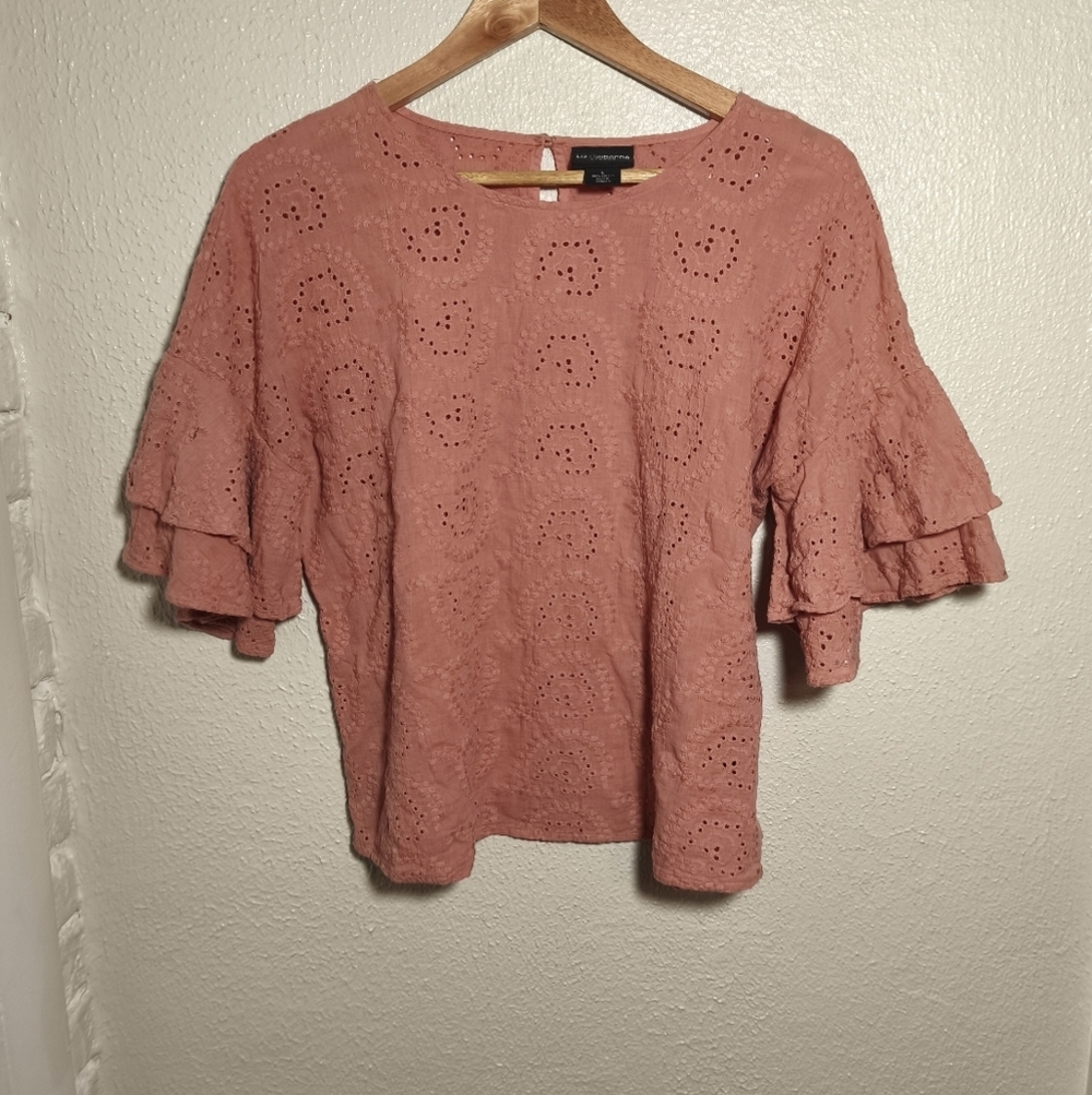 Liz Clairborne Eyelet Lace Ruffle Sleeve Blouse sz L Mauve Pink Chic Feminine